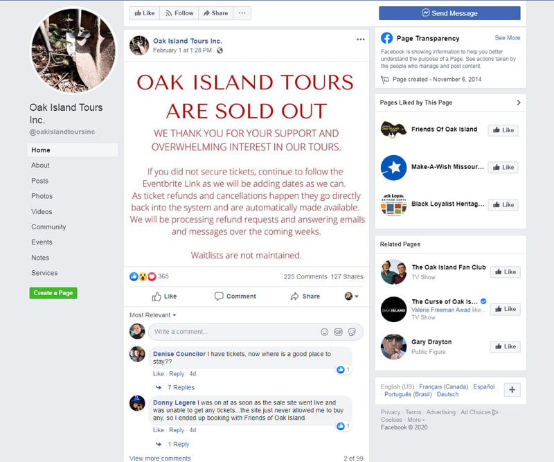 Oak Island Tours Inc. - Recent announcement on their Facebook page regarding 2020 tours.